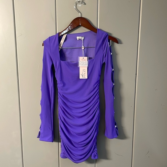 Oh Polly Dresses & Skirts - NWT Oh Polly Dress Cold Shoulder Ruched Bodycon Purple Rhinestone Girly Mini New